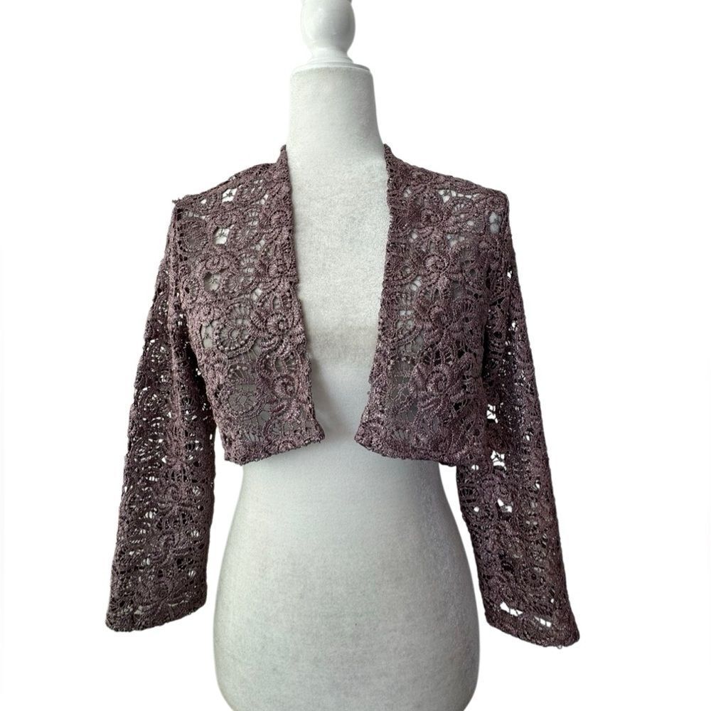 Marina Lace Shrug Bolero Brown Taupe Metallic Made in USA SZ M